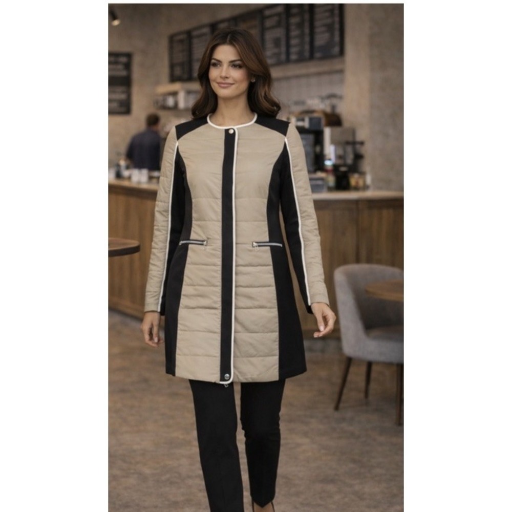 I'cona Full Zip Quilted Jacket Beige Black White Women's US 12 EU 42 EUC